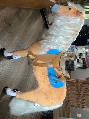 Plush Posable Horse Toy in Camel and Blue - Kids Saddle Pony